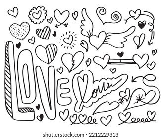 hand drawn doodles set for Valentine's Day. collection of beautiful hearts and writings Love on white background. Vector illustration.