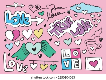hand drawn doodles set for Valentine's Day. collection of beautiful hearts and writings Love on pink background. Vector illustration.