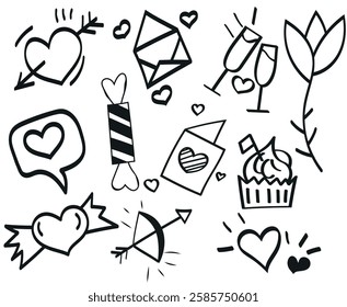 hand drawn doodles set for Valentine's Day. collection of beautiful hearts and writings Love on white background