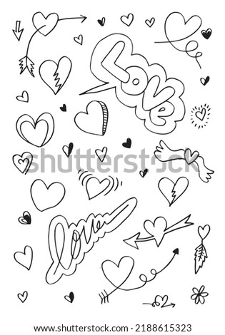 hand drawn doodles set for Valentine's Day. collection of beautiful hearts and writings Love on white background. Vector illustration.
