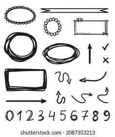 Hand drawn doodles. Simple outlined elements on isolated background. Elements are drawn in a linear style. Black and white illustration