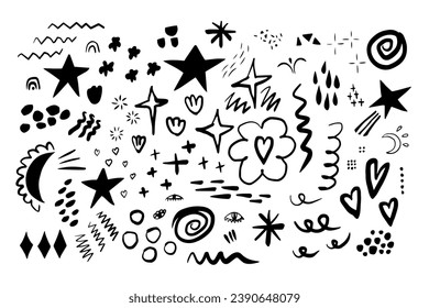 Hand drawn doodles, sketch drawing scribbles, various shapes elements set. Quirky vector brush strokes, stamp brushes. Organic scribbles and doodles, lines and shapes elements