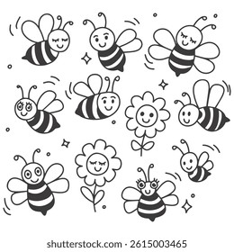 Hand drawn doodles of smiling bees and blooming flowers in black on white background