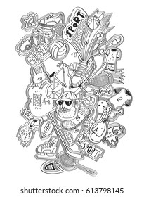 Hand drawn doodles sport concept. Sports equipment.