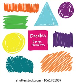 hand drawn doodles and squiggles in fun artsy design element vectors, cute geometric shapes such as triangle circles rectangles and squares in colorful blobs and blotches for background stains