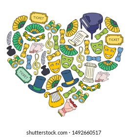 Hand drawn doodles Theatre set Vector illustration acting performance elements Ticket Masks Curtain