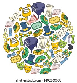 Hand drawn doodles Theatre set Vector illustration acting performance elements Ticket Masks Curtain
