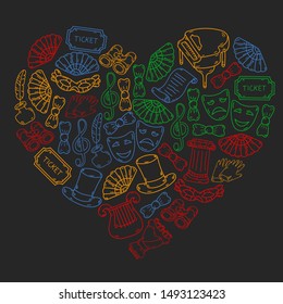 Hand drawn doodles Theatre set Vector illustration acting performance elements Ticket Masks Curtain