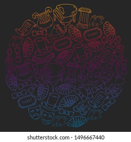 Hand drawn doodles Theatre set Vector illustration acting performance elements Ticket Masks Curtain