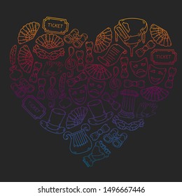 Hand drawn doodles Theatre set Vector illustration acting performance elements Ticket Masks Curtain