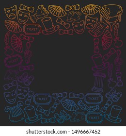 Hand drawn doodles Theatre set Vector illustration acting performance elements Ticket Masks Curtain