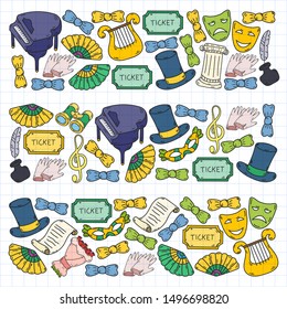 Hand drawn doodles Theatre set Vector illustration acting performance elements Ticket Masks Curtain