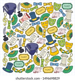 Hand drawn doodles Theatre set Vector illustration acting performance elements Ticket Masks Curtain