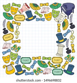 Hand drawn doodles Theatre set Vector illustration acting performance elements Ticket Masks Curtain