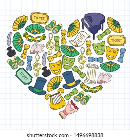 Hand drawn doodles Theatre set Vector illustration acting performance elements Ticket Masks Curtain