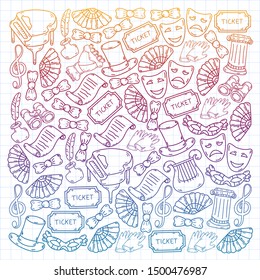 Hand drawn doodles Theatre set Vector illustration acting performance elements Ticket Masks Curtain
