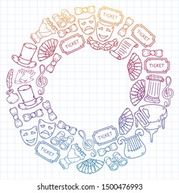 Hand drawn doodles Theatre set Vector illustration acting performance elements Ticket Masks Curtain