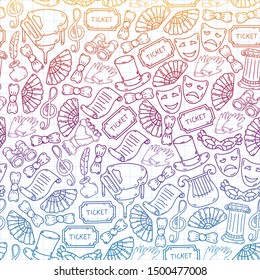 Hand drawn doodles Theatre set Vector illustration acting performance elements Ticket Masks Curtain. seamless