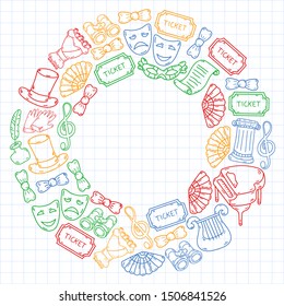 Hand drawn doodles Theatre set Vector illustration acting performance elements Ticket Masks Curtain