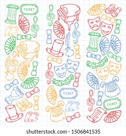 Hand drawn doodles Theatre set Vector illustration acting performance elements Ticket Masks Curtain