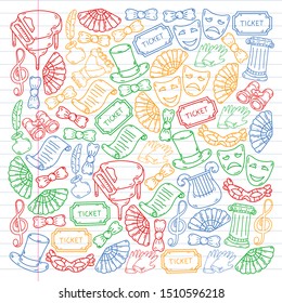 Hand drawn doodles Theatre set Vector illustration acting performance elements Ticket Masks Curtain