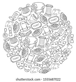 Hand drawn doodles Theatre set Vector illustration acting performance elements Ticket Masks Curtain