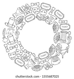 Hand drawn doodles Theatre set Vector illustration acting performance elements Ticket Masks Curtain
