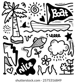 Hand drawn doodles, various children drawings in cartoon style, shark, cloud, boat.. Kids drawing clipart