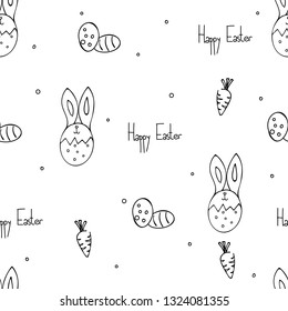 Hand Drawn Doodles vector illustration, Black and white Easter Bunny In Egg and Easter Eggs Seamless Pattern