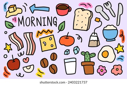 hand drawn doodles vector. morning time breakfast