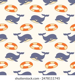 Hand Drawn Doodles Whales and Swimming Circles. Sketch Seamless Pattern Background Texture. Wallpaper, Minimal Textile Print Design Vector Illustration, Vintage Retro Style