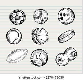 Doodle dibujado a mano.Equipo deportivo, juego, fútbol, baloncesto, voleibol, béisbol, boliche, tenis, rugby, fútbol, hockey sobre papel de fondo