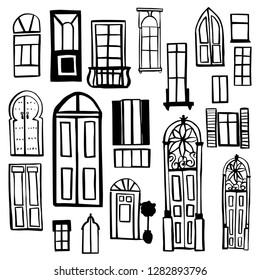 Puertas y ventanas dibujadas a mano. Ilustración de esbozo del vector.