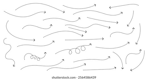 Hand drawn dot arrow vector set. Hand drawn line doodle arrow, curve arrow icon vector set. Vector illustration.