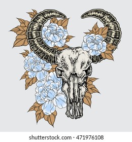 Hand drawn dot work tattoo buffalo skull with flowers. Native american art in vintage boho style. Vector illustration isolated