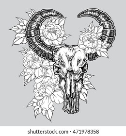 Hand drawn dot work tattoo buffalo skull with flowers. Native american art in vintage boho style. Vector illustration isolated