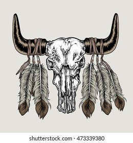 Hand drawn dot work tattoo buffalo skull with feathers. Native american art in vintage boho style. Vector illustration isolated