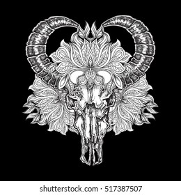 Hand drawn dot work tattoo buffalo skull with mandala flower. Vector illustration on black