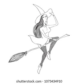 Hand Drawn Dot Work Vector Illustration for Halloween. Woman in a witch costume on a broom. Girl in green suit, hat and stockings. Coloring Book page.