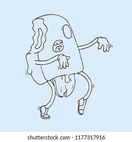 Hand Drawn Dot Work Vector Illustration for Halloween. Cute Cartoon Character: Bitten zombie ice cream paces with arms outstretched forward. Coloring Book Page