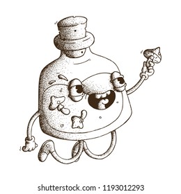 Hand Drawn Dot Work Vector Illustration. Cute Cartoon Character: Cheerful animated bottle of poison and fly-agaric holds in his hand a mushroom amanita. Coloring Book page.