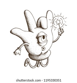 Hand Drawn Dot Work Vector Illustartion. Cute Cartoon Character: Large flying blue glove with a big eye and a magic star-shaped shelf in the hands. Coloring Book Page.