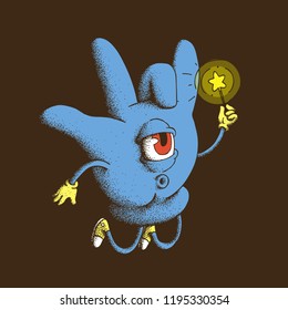 Hand Drawn Dot Work Vector Illustartion. Cute Cartoon Character: Large flying blue glove with a big eye and a magic star-shaped shelf in the hands on brown background