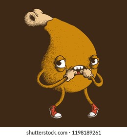 Hand Drawn Dot Work Vector Illustration. Cute Cartoon Character: Sneaky fried chicken leg loads its fingers on brown background