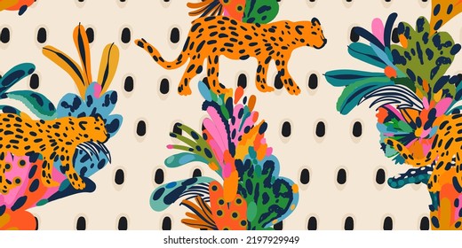 Hand drawn dots abstract artistic print with leopards. Creative collage contemporary seamless pattern. Fashionable template for design.