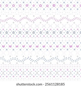 hand drawn dots, fir-trees, hearts, snowflakes. winter repetitive background. christmas ornament. cool tones. vector seamless pattern. fabric swatch. wrapping paper. textile design. greeting card