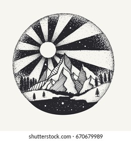 Hand drawn dots work of full moon above mountains and river for design element. Vector illustration