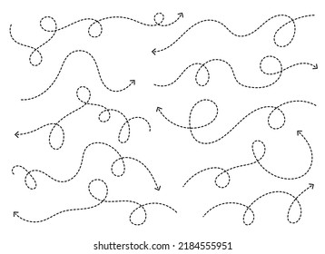 Hand drawn dotted arrow shape. Curved arrow line. Arrow icon collection. Vector illustration isolated on white background