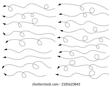 Hand drawn dotted arrow shape. Curved arrow line. Arrow icon collection. Vector illustration isolated on white background