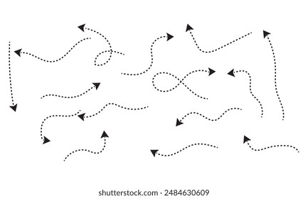 Hand drawn dotted arrows. curved dashed arrows set. Hand drawn dotted arrows on white background.